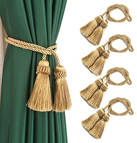 Fenghuangwu - Confezione da 4 fermatenda decorativi fatti a mano, corda con nappe su entrambe le estremità (oro)