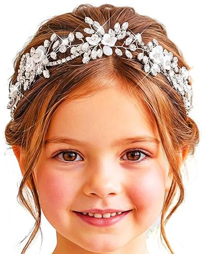 IYOU Glänzender Kristall Haarschmuck Kommunion Mädchen Kopfschmuck Hochzeit Blumen für Blumenmädchen und Brautjungfer