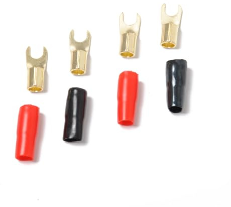 IMIKEYA 5 Pairs 8 Gauge Strip Spade Terminal Spade Copper Fork Adapters Connectors Plugs Crimp Barrier Spades for Speaker Wire Cable Terminal Plug- (8GA Red and Black)