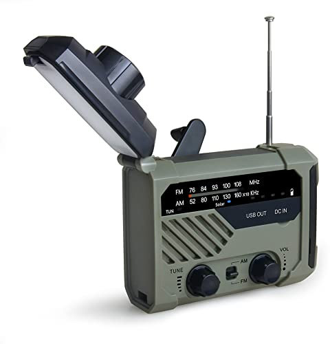 liuxiao Radio météo d'urgence solaire FM/AM - Multifonctionnelle - Avec manivelle - Alarme SOS - Chargement solaire - Pour les urgences domestiques et la survie en plein air vert militaire