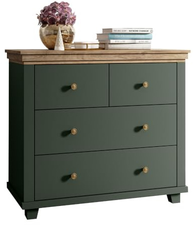 Lomadox Kommode Landhausstil mit 4 Schubladen, in grün mit Lefkas Eiche Nb., B/H/T: ca. 90/80,5/42 cm