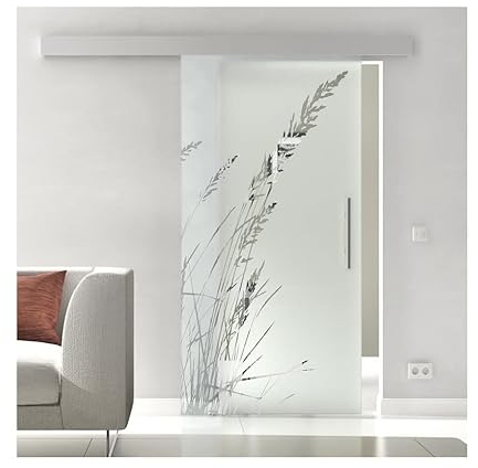 Glas-Schiebetür 775x2050 mm Breite Gräser Sadora Slimline-System komplett Laufschiene und Stangengriff Schiebetür aus Glas für Innenbereich