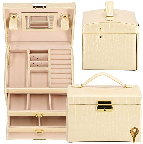 SPRINGOS Joyero con espejo, maletín con asa, 17,5 x 14 x 12,5 cm, piel sintética en relieve