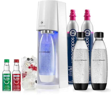 SodaStream E-TERRA Sparkling Water Maker Bundle (White), with CO2, Carbonating Bottles, and bubly Drops Flavors