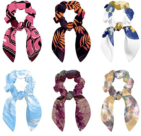 6 Pcs Hair Scrunchies - Tropical Palm Leaves Hair Scarf Scrunchy with Ribbon Bow, Elastic Hair Ties Ponytail Holders for Women Teenage Girls
