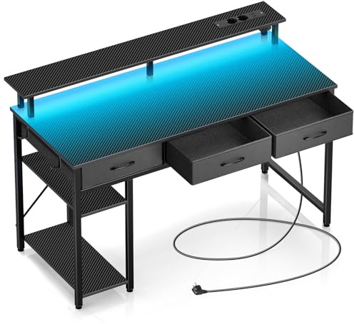 Rolanstar Escritorio Gaming con Cajones, Mesa Escritorio Led con Tomas de Corriente y Puertos USB, Escritorio para Ordenador con Soporte para Monitor, Estantes Ajustables para el Hogar(Negro, 137cm)