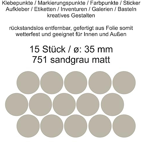 Aufkleber Etiketten Klebepunkte aus Folie 15 Stück grau sandgrau matt rund 35 mm selbstklebend farbig wetterfest Decal Markierungen Organisieren DIY basteln verzieren Modellbau Scrapbooking