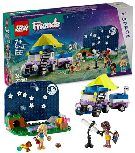 LEGO Friends 42603 Stargazing Campingfahrzeug Abenteuerspielzeug, enthält 2 Mini-Puppen, Campinganhänger, Teleskopspielzeug und eine Hundefigur, Wissenschaftsspielzeug Geschenkidee für Mädchen, Jungen