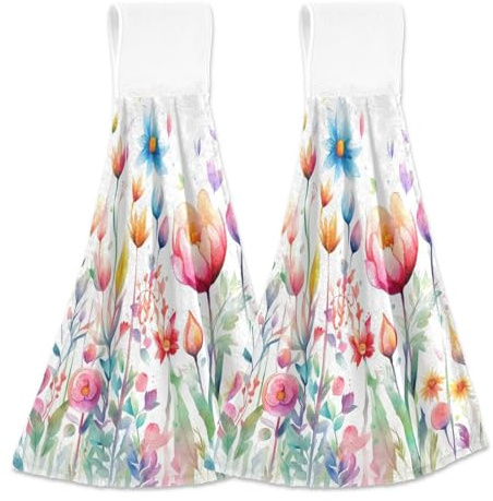 Mnsruu Hand Towels for Bathroom Colorful Spring Flowers Kitchen Towels Hanging Decorative Soft Absorbent Coral Fleece Dishcloth Set of 2