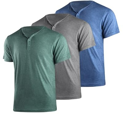 Liloak 3-pack Henley-skjorta för män, kortärmad, 4-pack sommar-t-tröjor för män med knappslå, Grå/havsblå/grön, L