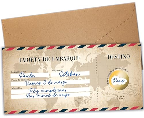 Rubbeln und gewinnen Sie Überraschungsreise, personalisierte Bordkarte zum Verschenken, Flugticket, Geburtstagsgeschenk, spanische Sprache, Vintage-Modell (1 Karte)