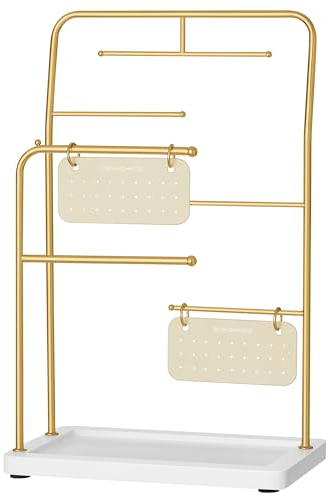 SONGMICS Schmuckständer, Schmuckhalter, Schmuckaufbewahrung, Metallrahmen, 2 kleine Ohrring-Organizer, 6 Hängestangen, für Halsketten, Ohrringe, Armbänder, Ringe, metallisches Gold JJS024A01