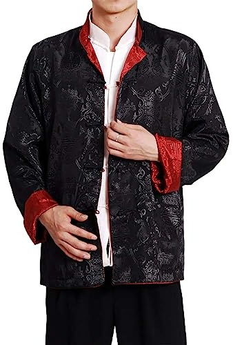 Men's Tang Suit Jacket Dragon Chinese Traditional Frog Button Long Sleeve Stand Collar Coat Kung Fu Wing Chun Uniform