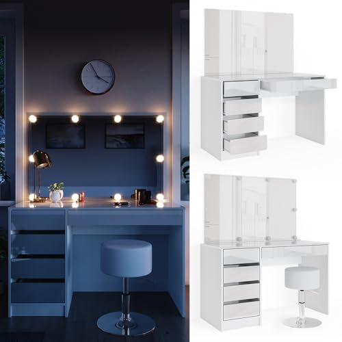 Vicco Schminktisch Sherry, Weiß, 120 cm | mit LED Beleuchtung und Hocker, mit LED-Beleuchtung und passendem Sitzhocker