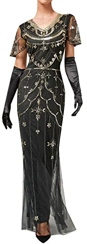 KBOPLEMQ 20er Jahre Kostüm Damen Charleston Kleid 1920s Kleid Paillettenkleider Kurz Fransen Ärmel Rund Ausschnitt Flapper Kleid Great Gatsby Cocktail Party Damen Fasching Kostüm