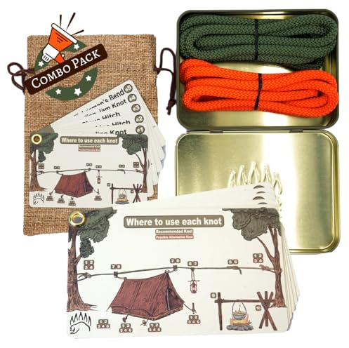 The Bear Essentials Knotenbindungs-Set, Camping- und Outdoor-Knoten, mit wasserdichten Knotenbindungskarten, 2 Übungsseilen, Jute, Bushcraft-Dose, für Überleben im Freien, Rucksackreisen, Wandern und