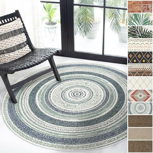 Floordirekt | Tapis Extérieur & Intérieur tissé Plat, Lavable, Résistant aux UV | Certifié Öko-Tex | Idéal pour la terrasse, Le Balcon, la Cuisine et Le Salon | Zoe Bleu, Ø 120cm