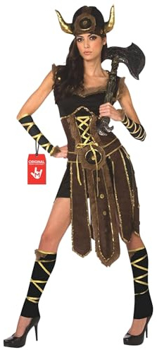 Morph Disfraz Vikinga Mujer, Disfraz Guerrera Halloween Mujer | Vestido con Pelo, Casco con Cuernos & Lazos a Juego, Detalles Dorados, Perfecto para Halloween, Ideal para Disfrazarse