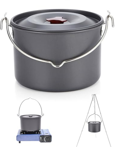 Camping Pot with Lid Hanging 4L Round Portable Lightweight Anti-Rust Cookware Cooking Equipment for Self-Driving Tour BBQ Picnic Outdoor Tableware
