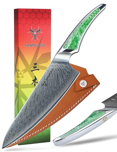 SANMUZUO Couteau de chef 20 CM, cuisine japonaise en acier Damas VG-10 Couteau, Couteau de cuisine ultra tranchant avec manche pleine soie en résine verte, série LA-S9