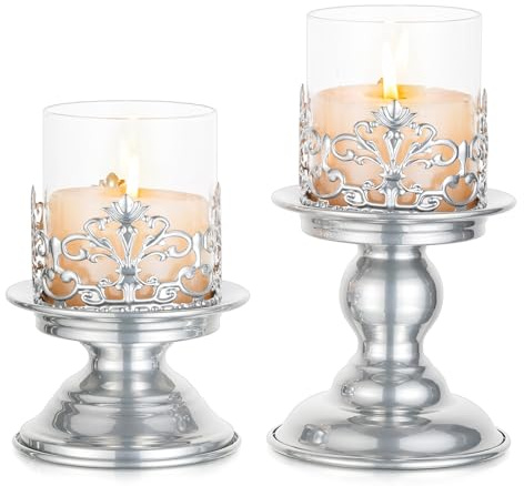 Sziqiqi Porta Candele a Colonna: Set 2 Portacandele Argento con Hurricane in Vetro e Supporto in Metallo per Candele a Colonna, Decorazioni Natalizie per Tavolo, Camino e Sala da Pranzo