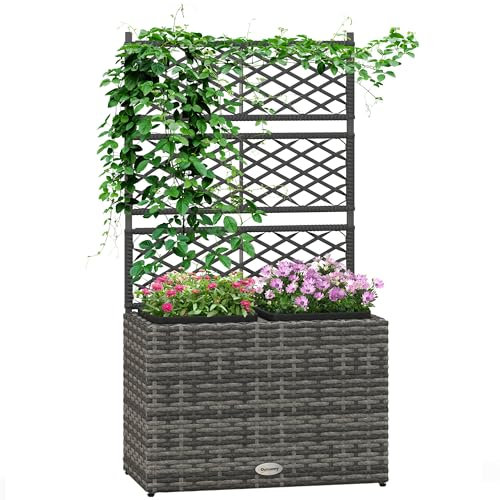DecHome - Fioriera con Grigliato per Rampicanti con 2 Vasi in Acciaio e Rattan PE 57x30x107 cm, Grigio