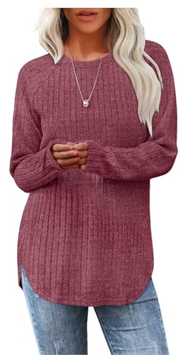 Aokosor Christmas Jumpers for Womens Long Sleeve Tops Ladies Lightweight Sweatshirt Curved Hem Tunic for Leggings Fuchsia Size 14-16