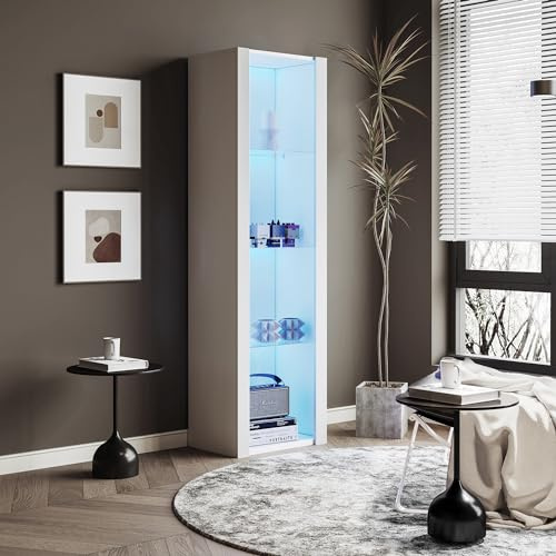 SUKY Hochglanz-Vitrine mit LED-Beleuchtung, 55 x 38 x 166 cm, 3 Glasböden, Vitrinen, Standvitrinen, Hochschränke, Lagerschränke (Weiß)