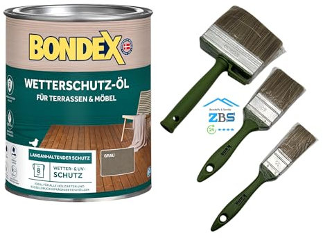 zbs24 Bondex Wetterschutz-Öl für Terrassen und Gartenmöbel, hoher Wetterschutz, wasserbasiert, UV-Schutz, inkl. 3-teiligem Pinselset (grau, 0,75 Liters)