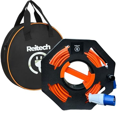 Camping Caravan Hook Up Cable with Cable Tidy Reel & Cable Bag – 25m/15m 16A 240V Outdoor Mains Extension Lead – Heavy Duty Camping & Caravan Accessories