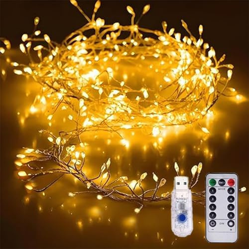 Copper Wire Firecracker Light String, LED Cluster Fairy Lights with Remote Control, Holiday Decoration Copper Wire Atmosphere Lights, For Bedroom, DIY, Christmas Tree, Garden, Party (Warm,9M)
