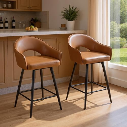 Ya-Home Set di 2 Sgabelli da Bar Sgabelli Cucina in Ecopelle Sgabelli Alti Moderni Sedia da Bar Girevoli con Braccioli Sedia Alta Sedie Imbottiti per Cucina Bancone, Marrone
