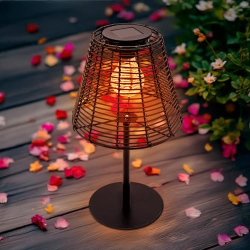 Spetebo Solar Tischleuchte in Rattan Optik schwarz mit LED Glühbirne - 33 x 20 cm - Gartenlampe warm weiß - Tischlampe Dekoleuchte Solarleuchte Gartenlicht Garten Deko Beleuchtung Balkon Terrasse