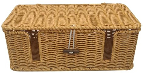 Rattan Cable Management Box, Cable Tidy Box, Extension Lead Box, 4 Open Slots Cable Hider Box, Desk Cord Storage Case for Management and Organising Cable