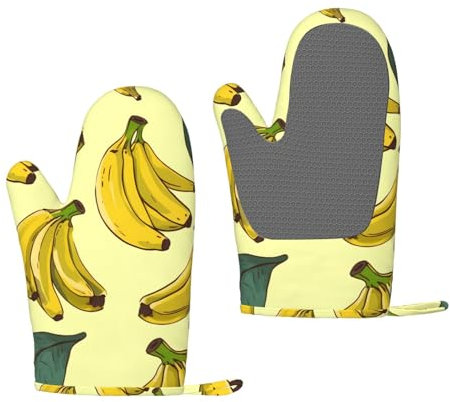 Banana Print Oven Mitts Set of 2 Heat Resistant Silicone Oven Gloves with Soft Lining Non-Slip Kitchen Cooking Mitt Long Waterproof Potholders Kitchen Essentials