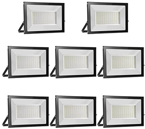 Super Bright LED Floodlight 150W 8 Pack 15000LM Warm White 3000K Outdoor Spotlight IP65 Waterproof for Garage Patio Factory Tempered Glass Construction