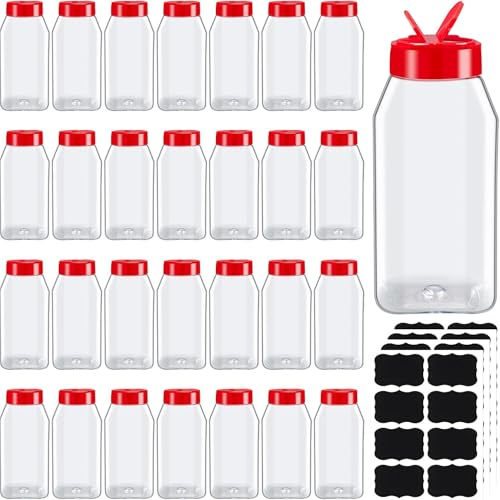 PQHIQ 28 Pack 475 ml Plastic Spice Jars with Cap Square Plastic Spice Containers Bottle with Shaker Lids and Stickers Large Seasoning Shaker Empty Powder Storage for Storing Salt Herbs