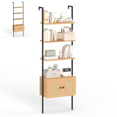 HOMASIS Leiterregal mit 5 Ebenen, Rattan-Schrank, Wandregal mit Metallrahmen, Wandmontage Bücherregal, offenes Standregal Büroregal mit Kippschutz, Aufbewahungsregal für Wohnzimmer Zuhause Büro, Natur