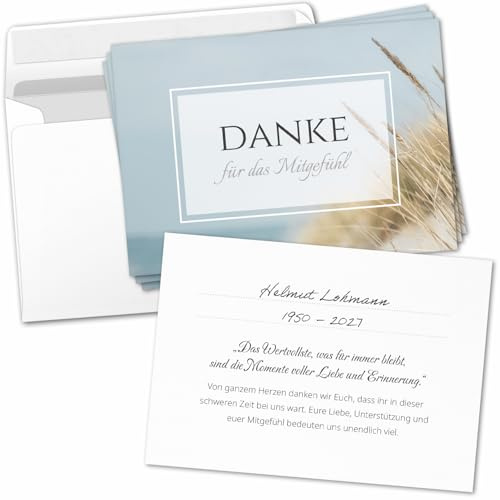 Einladungskarten Manufaktur Hamburg 8 Trauer Danksagungskarten ausfüllbar mit Umschlag - Danke Trauerkarten Postkarten nach Beerdigung zum Ausfüllen Motiv Meer Dünen See Seebestattung