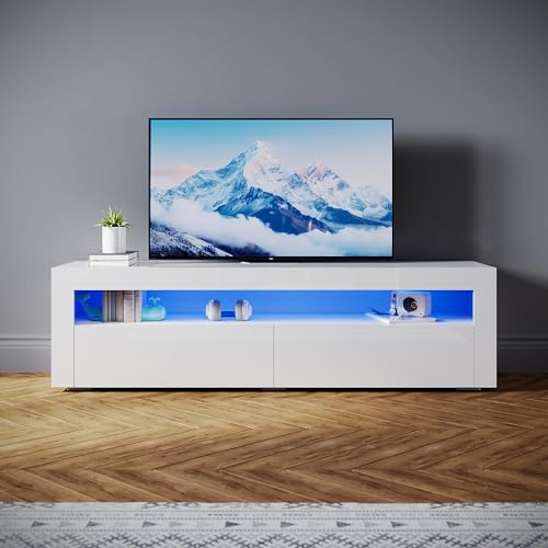 SONNI Lowboard modernt 160 cm, TV-skåp högglans vitt med 16 färger LED-belysning, 2 lådor, 2 dörrar för TV upp till 65 tum, TV-bord för vardagsrum och sovrum, 160 x 40 x 45 cm.