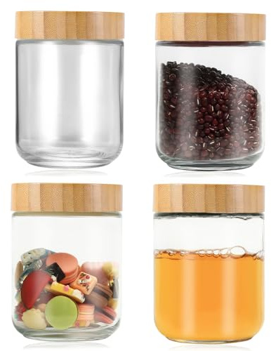 COZHYESS 4 Pcs Glass Overnight Oats Jars Containers with Bamboo Lids, 500 ML Wide Mouth Mason Salad Jars, Glass Food Storage Canisters Yogurt Containers for Yogurt Snacks Spice Sugar Fruit Salad Beans