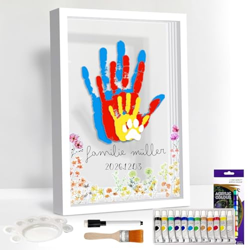 Handabdruck Set Familie, Baby Fussabdruck Set für Frischgebackene Eltern | Fussabdruck Baby Abdruckset, 50 Stickern, 12 Ungiftiger Farbe, Hand und Fußabdruck Set Baby Geschenk für Taufe Shower