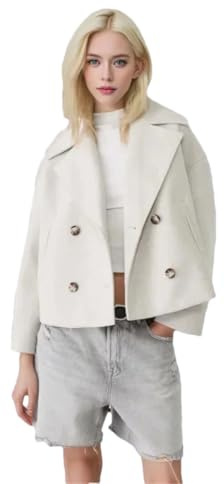 Zadaos Caban court en laine mélangée pour femme, double rangée de boutons, col rabattable, vêtements d'extérieur en mélange de coton, blanc, M