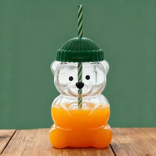 HMifjUM 2025 Bear Straw Cup - Cute Bear Glass Cup with Straw 20oz,New Cute Mugs, Coffee Beer Wine Cocktail Drinks Glassware (A-1PCS)