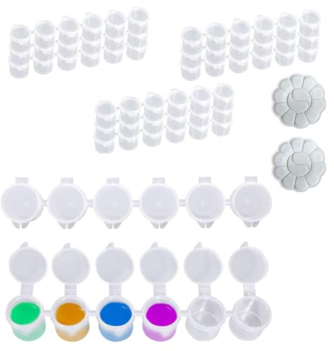 Kiuiom 60 st tomma färgkoppar med lock, 3 ml minifärgkruka, ränder av plast, 2 st. blomform, 14 cm färgkruka, genomskinlig blandpalett, för skolor, sommarläger
