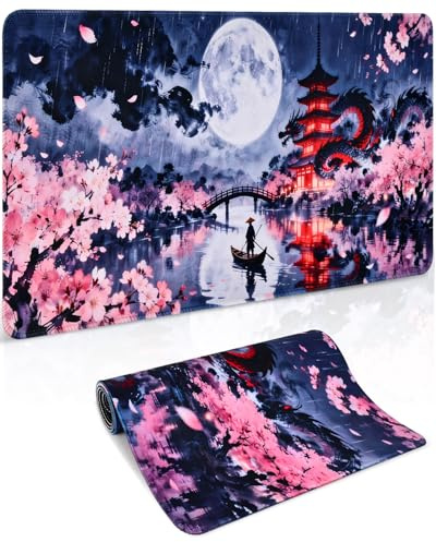 Mousepad Anime XXL 900 x 400 mm, Japan Sakura Schreibtischunterlage | Japanisches Design, Rutschfeste Gummibasis, Wasserabweisend, 3 mm Dick, Für Gaming, Büro, Tastatur und Maus