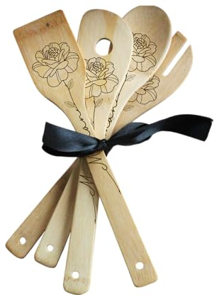 Set de 4 Cuillères en bois bambou Personnalisées – Gravées – Motif Fleurs (Coquelicot, Rose, Pivoine) – Cadeau Maman/Mamie/Prénom personnalisé (Maman Rose)