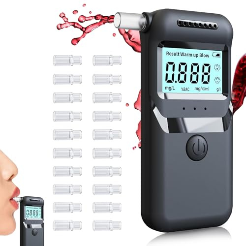 Alkoholtester Polizeigenau & Tragbar – Professioneller Promillemessgerät mit 20 Mundstücken, Präziser Alkomat für Zu Hause, Partys & Unterwegs