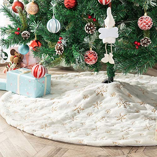 Deggodech 122cm Bianco Gonna Albero di Natale con Oro Paillettes Fiocchi di Neve Finta Pelliccia Gonne per Alberi di Natale Copertura della Base Albero Natale Festa Decorazioni (Oro, 48pollici)