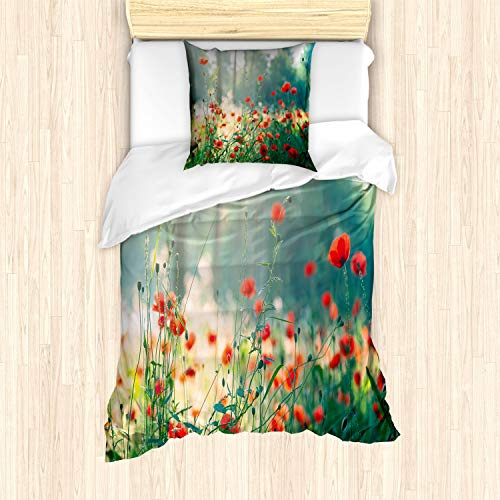 ABAKUHAUS Natur Bettbezug Set für Einzelbetten, Wild Red Mohnfeld, Milbensicher Allergiker geeignet mit Kissenbezug,Gelb